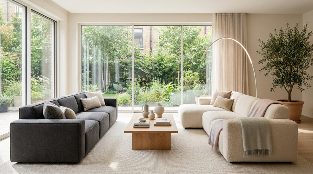 Salon moderne avec deux canapés (gris et beige) face à une baie vitrée donnant sur un jardin. Table basse en bois, lampe arquée, plante.