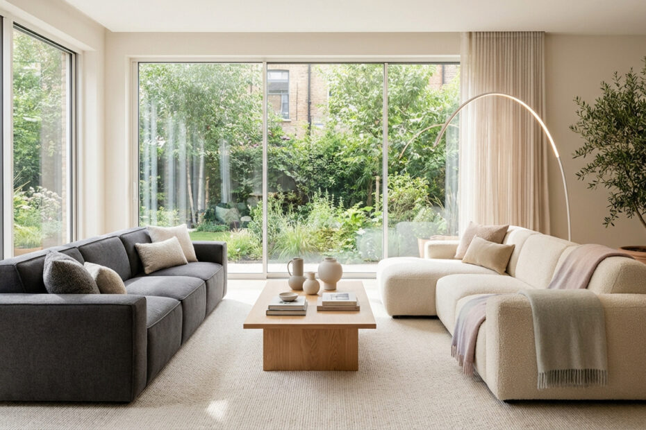 Salon moderne avec deux canapés (gris et beige) face à une baie vitrée donnant sur un jardin. Table basse en bois, lampe arquée, plante.